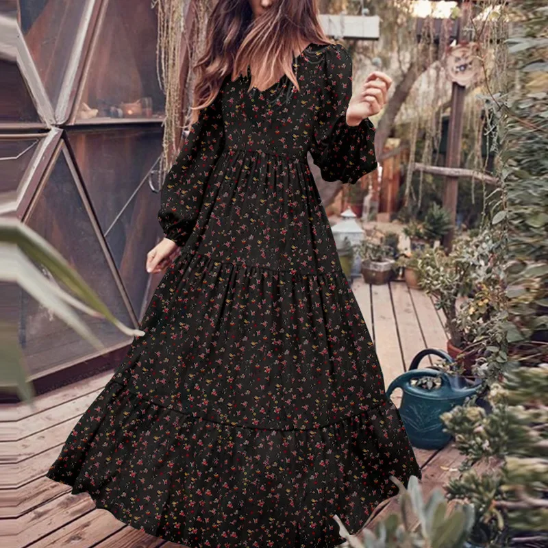 Floral Chiffon Fashion High Quality Maxi Dress Boho Women V-Neck Retro Holiday Leisure Long Sleeved Beach Temperament Lady Robe