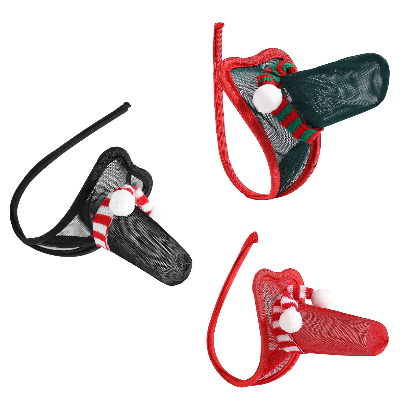 

Мужское рождественское нижнее белье, забавные подарки, прозрачная сетчатая оболочка, выпуклая сумка, C-стринги с мини-полосатыми шарфами, рождественские стринги без бретелек