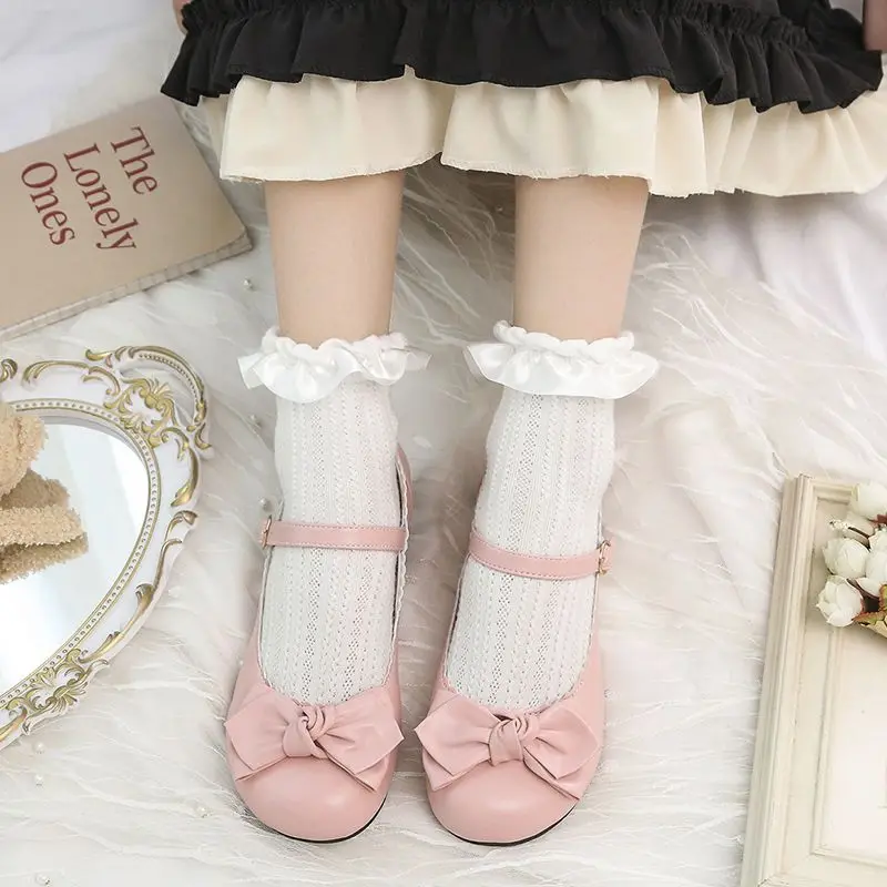 Harajuku Lolita Cute Mary Janes Shoes Women Japanese Style Pure Color Bow Kawaii Sandals Female Round Toe Buckle Casual Shoes