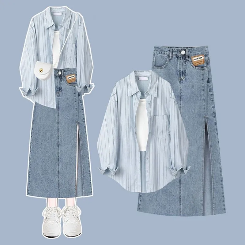 Women 2024 Autumn Vintage Cowboy Skirt Matching Set Korean Elegant Long Sleeve Striped Shirt+Vest+Sexy Denim Dress 3-Piece Suit