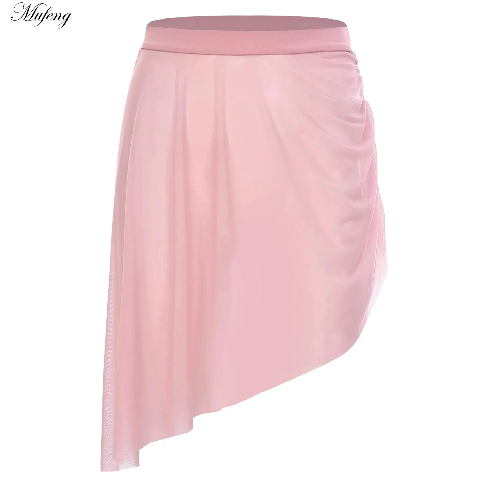 Women Ballet Skirts Tulle Skirt Modern Dance Practice Warm-Up Skirt Elastic Waistband Asymmetrical See-Through Dancing Miniskirt