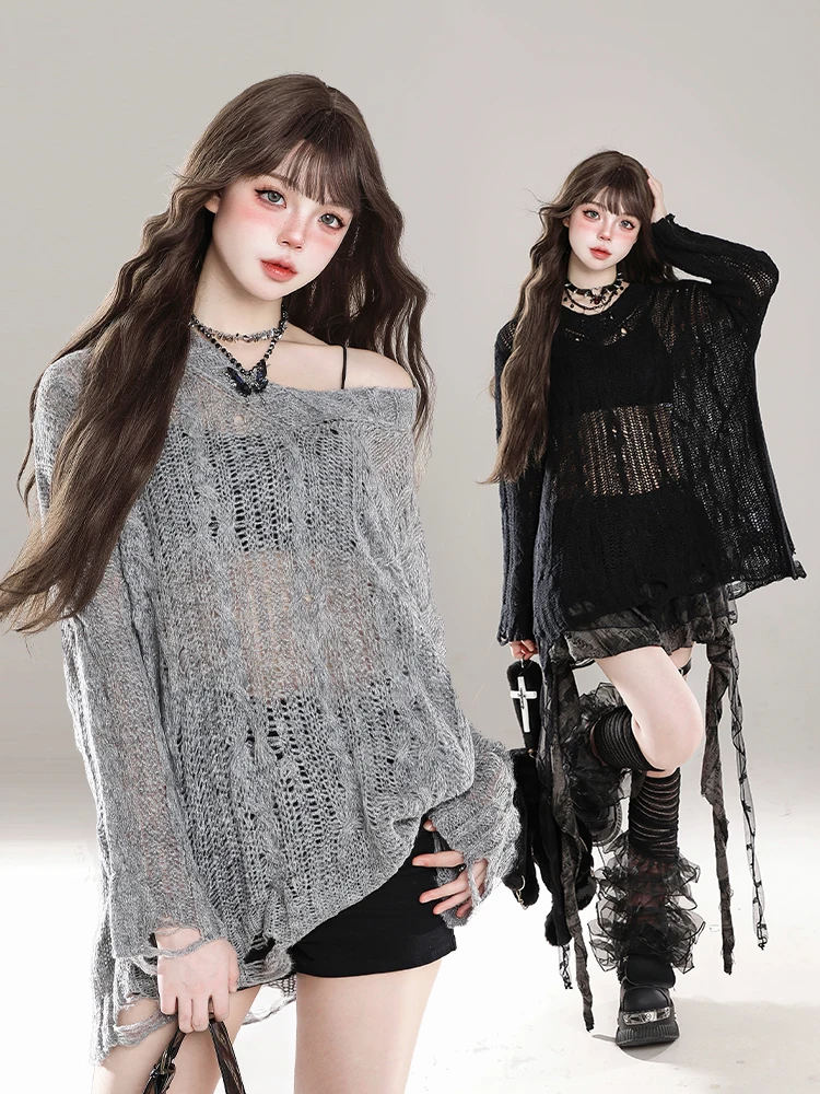 

Spicy Girl V-Ne Hollow out Knitted Sweater Women's Early Autumn Thin Loose Lazy Sle Semi-Transparent Cover-Up Sunscreen Top