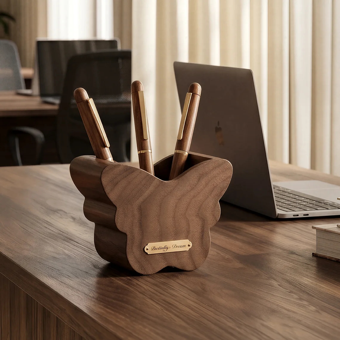 Walnut Wood Pen Holder, Creative Butterfly Shaped Desk Organizer, Aesthetic Wooden Office Supplies, Modern Desktop Decor Accent