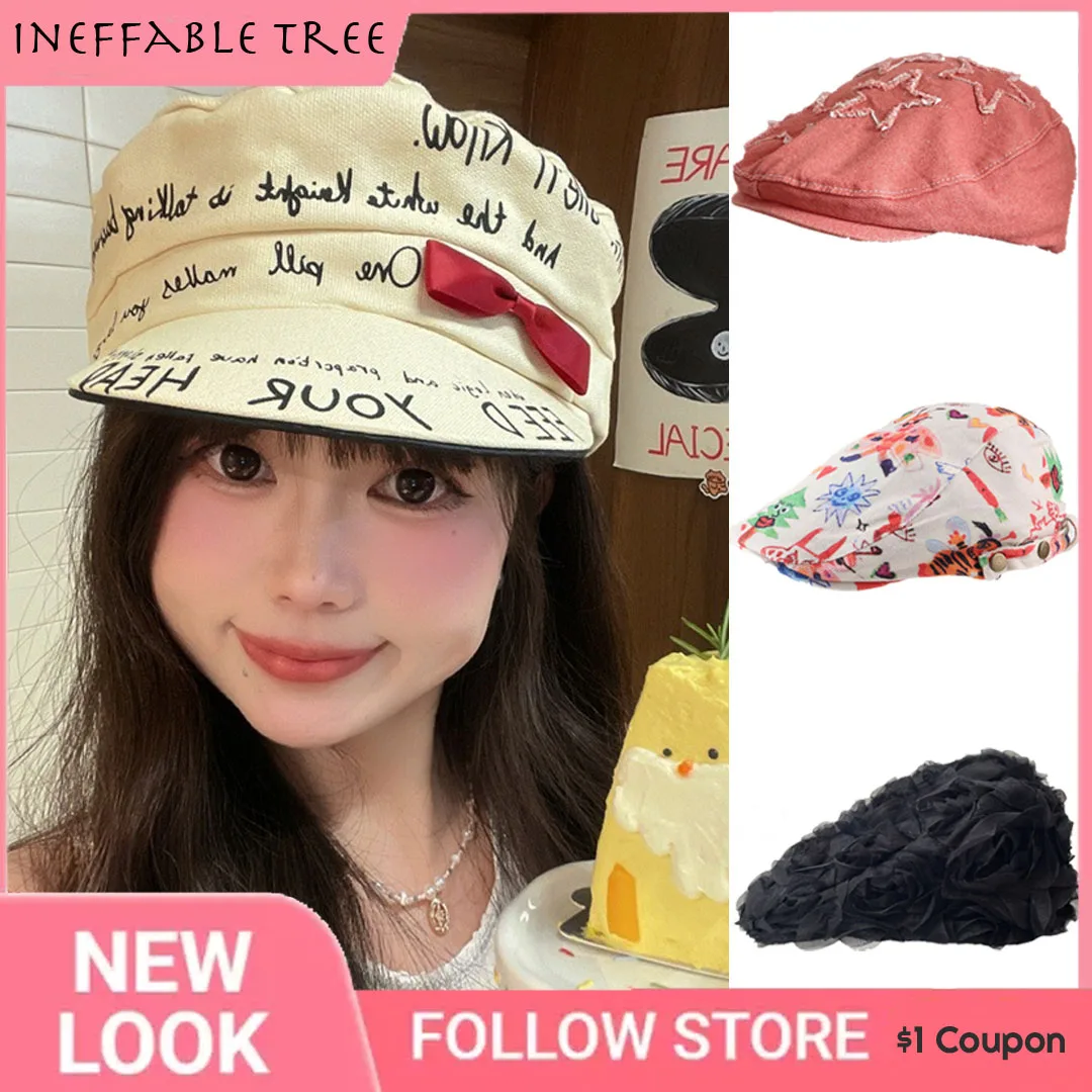 

Y2K Blogger Retro Newsboy Hat Summer Flower Bear Beret Girl French Artist Painter Cap Ladies French Octagonal Beret Casquette