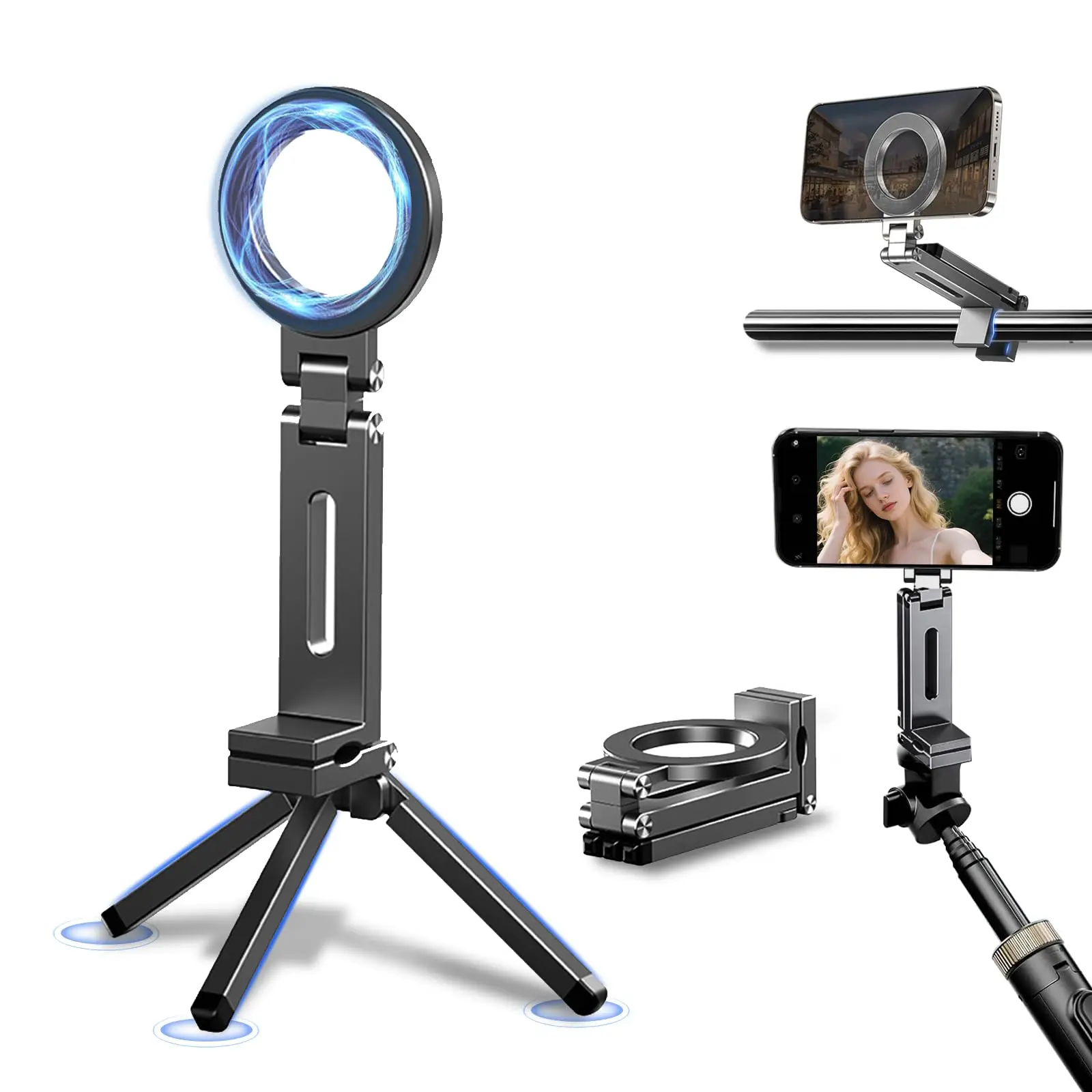 

Adjustable Magnetic Phone Tripod Stand with 1/4'' Port, Ultra-Light Aluminium Phone Mount for iPhone Series, for Travel, Vlog
