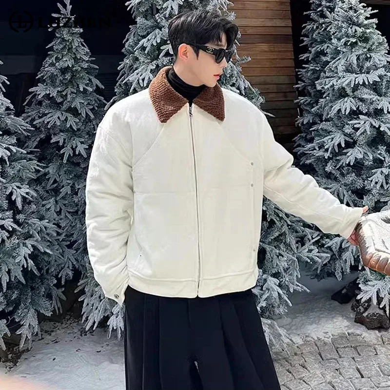 

LUZHEN Jackets Collar Patchwork Padded Lamb Color Contrast Wool Washed Denim Jacket Casual Versatile Retro Men Outerwear JY5487