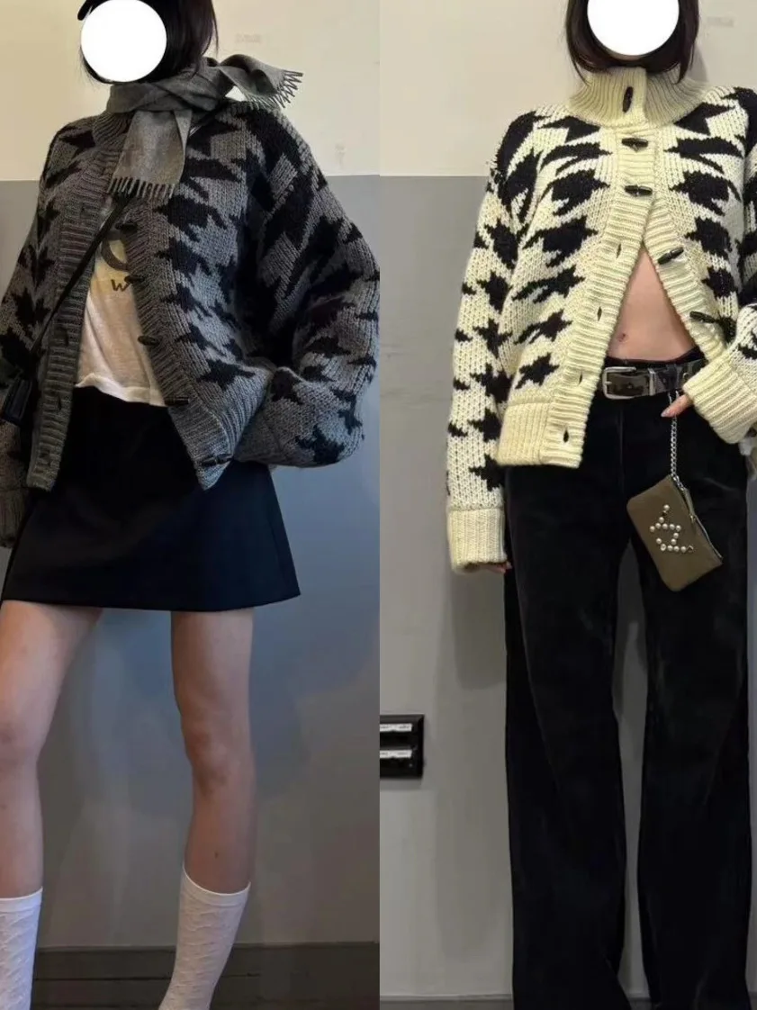 

Утепленный вязаный свитер-кардиган для женщин с цветочным узором и воротником-стойкой, на осень и зиму