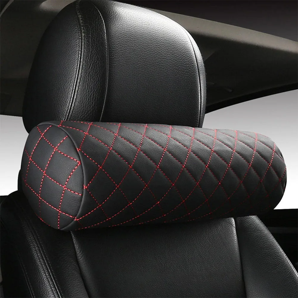 Car Seat Neck Pillow Headrest Leather Memory Foam Breathable Cervical Cylindrical Pillow Office Chair Headrest Protector 42*13cm