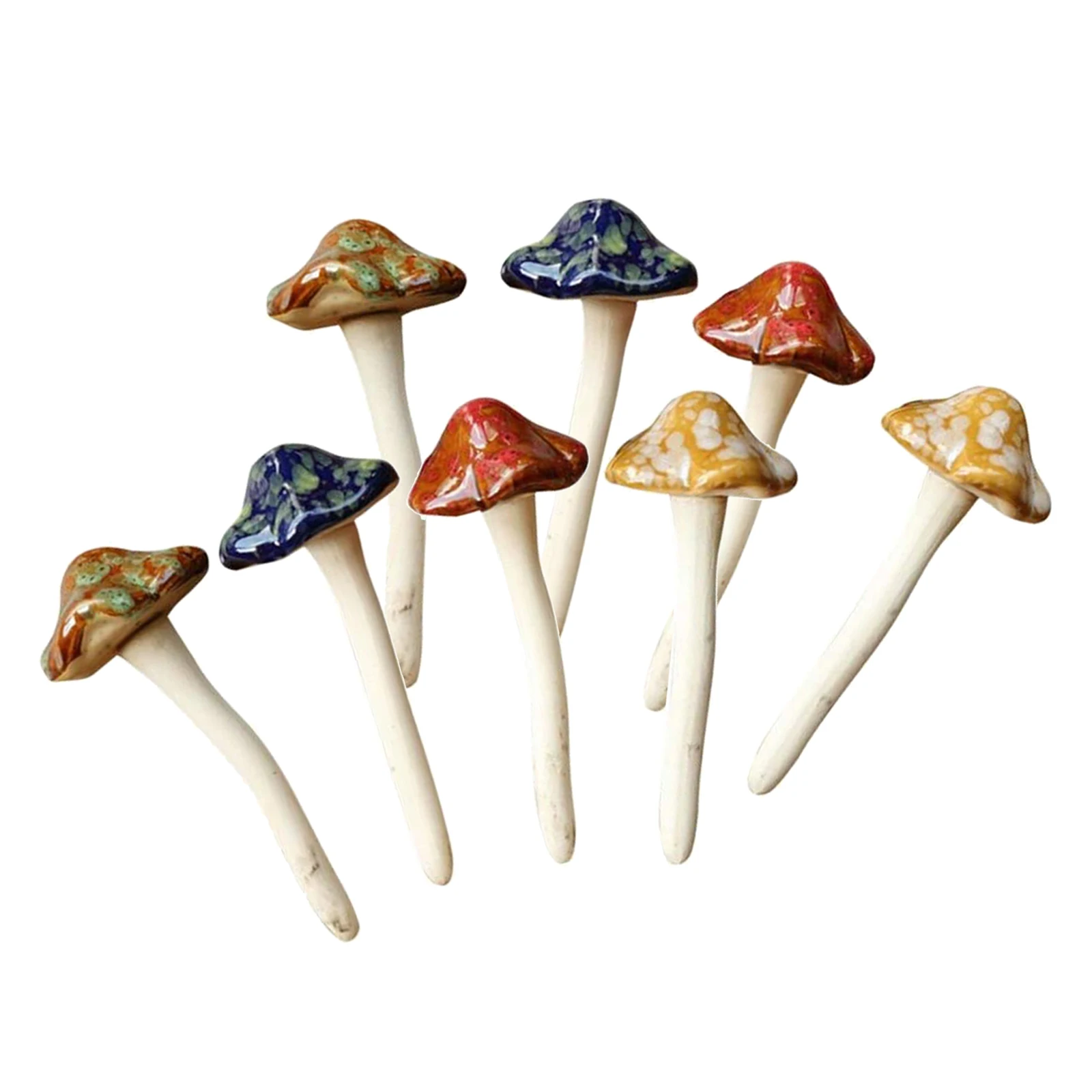 8Pcs/Set Ceramic Mushroom Garden Ornament for Fairy Garden Lawn Decoration Tree Stakes Ornaments Statues Yard Grass Bonsai Decor
