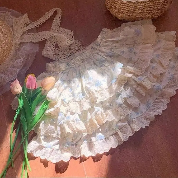 

Women's Floral Print Ruffle Mini Skirt High Waist Lace Trim Tiered Frill Skort Sweet Kawaii Casual Summer A-Line Skirt