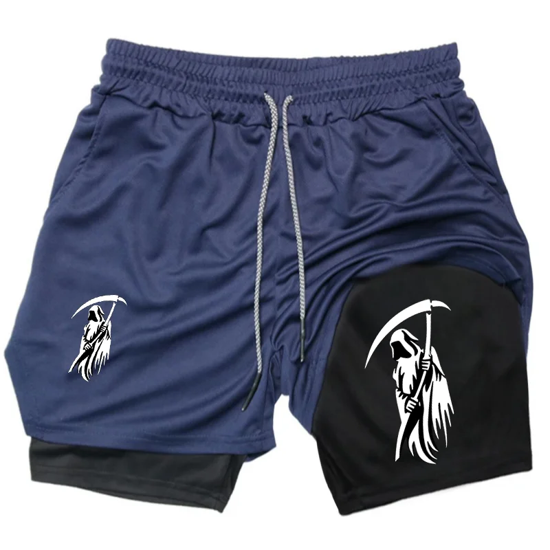 

Grim Reaper Print 2 in 1 Running Workout Shorts for Men Gym Performance Shorts with Phone Pocket Towel Loop Athletic Activewear