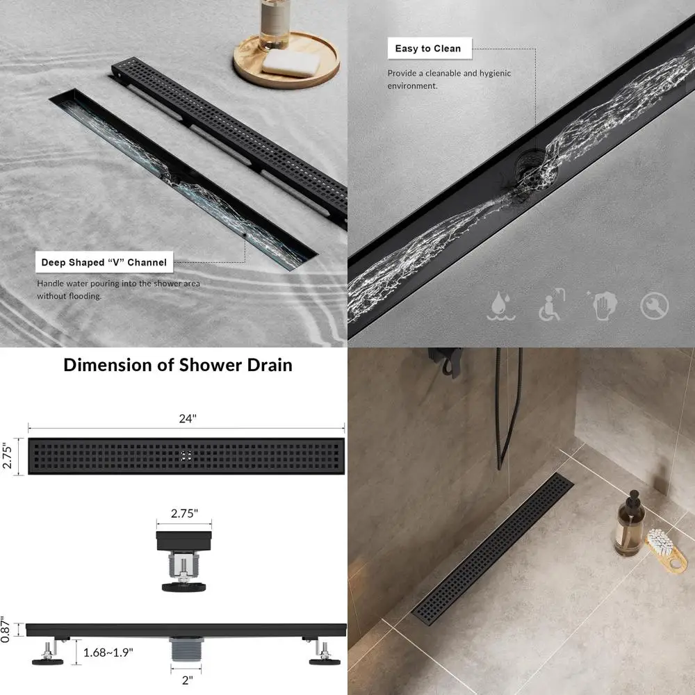

24 Rectangular Shower Drain with Detachable Grate, Matte Black, CUPC Certified Stainless Steel, Hair Catcher with Leveling Legs