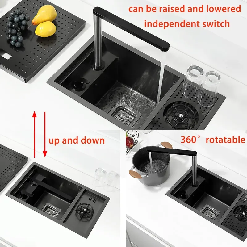 black Hidden kitchen Bar Counter Sink Cover Concealed Single Kitchen Small Size sink Stainless Kitchen Sink With cup washer