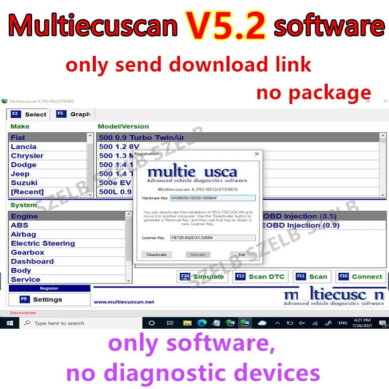 Neuester Multiecuscan V5.2 für Fiat, Chrysler, Dodge, Jeep, Suzuki Scanner-Software Kompatibel mit ELM327 Flachadapter + Unbegrenzte Installation