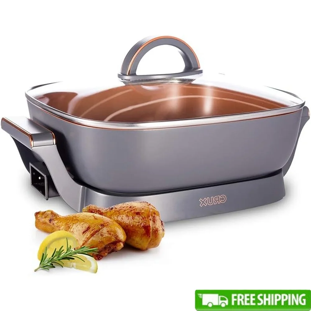

Electric Skillet Nonstick Ceramic Deep Frying Pan Glass Lid Removable Temperature Probe 1200W Family Cooking Kitchen Essential