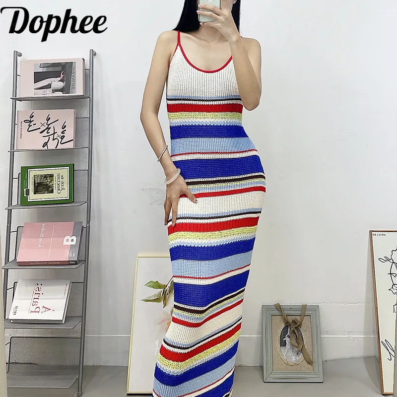 Dophee 2024 New Summer Holiday Style Colorblock Rainbow Stripes Long Knitting Dress Elegant Sleeveless A-line Women Strap Dress