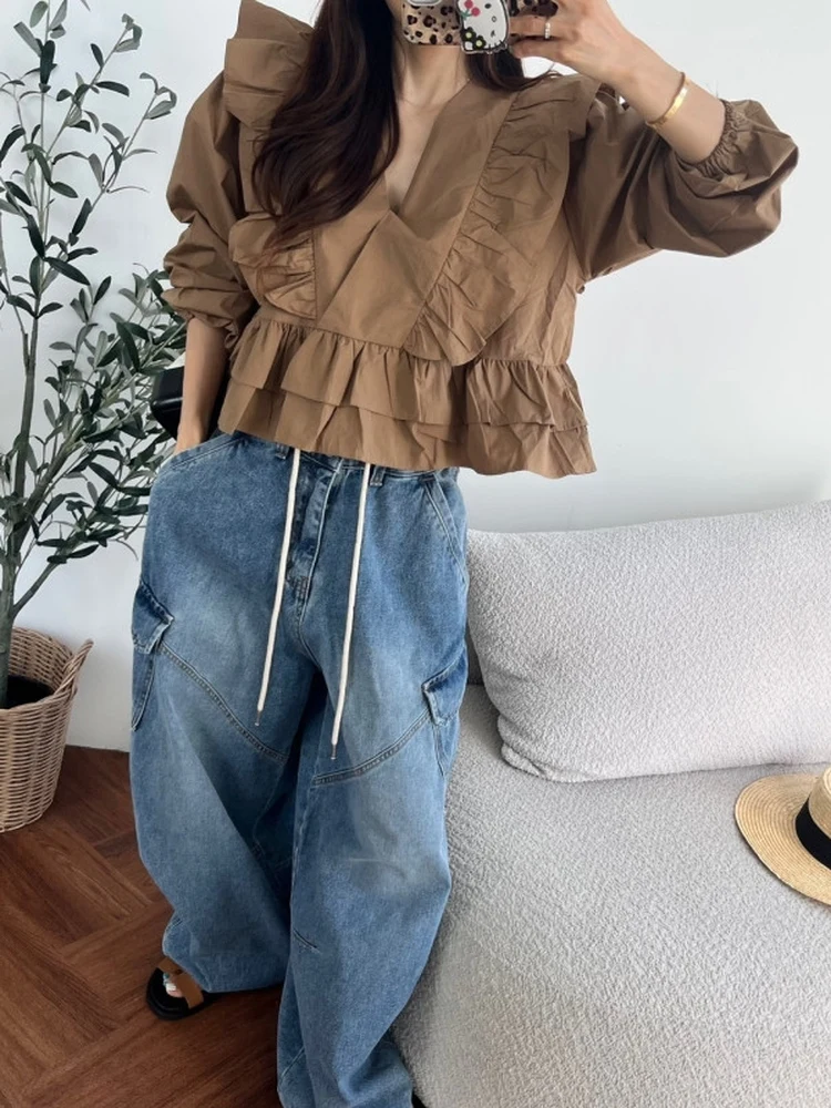 กระโปรงทรงเอวสูง จับจีบชาย ดีไซน์เก๋ไก๋ ทรงหลวม ใส่แล้วดูผอมเพรียว สไตล์หวานซ่อนเปรี้ยว ใช้ได้หลากหลาย พร้อมเสื้อแขนพอง ผ้าคอตตอนผสมโพลีเอสเตอร์