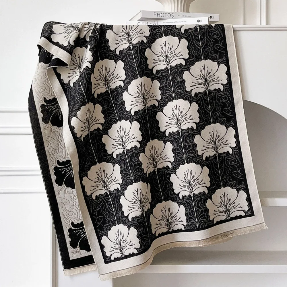 

Элегантный шарф из искусственного кашемира с рисунком листьев, теплое холодостойкое одеяло, шарф, ветрозащитная мягкая шаль с бахромой для зимнего сезона