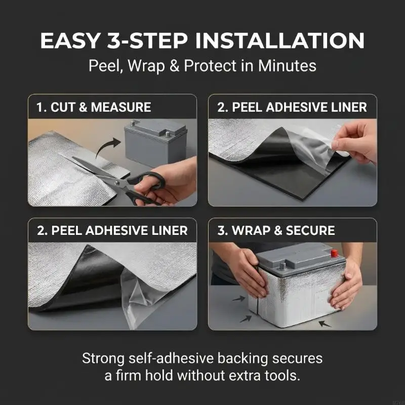 M76E Flexible Automotive Battery Wrap with Black Outer Material, Aluminum Film, Fiber Insulation, and Adhesive Backing