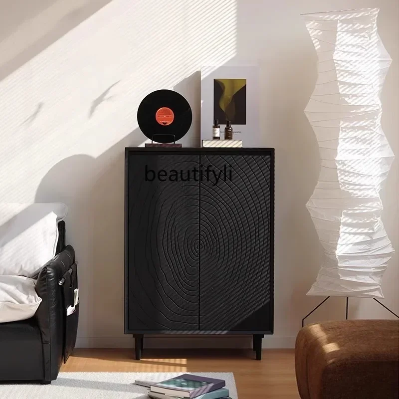 

French retro living room solid wood dining side cabinet, black high-end simple home silent wind storage cabinet