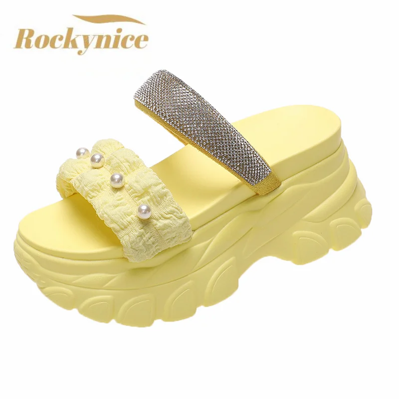 Summer Women High Platform Slippers Flip-Flops 2022 Bling Wedge Heels Shoes Fashion Beach Slides Shoes Woman Outside Sandals 8CM