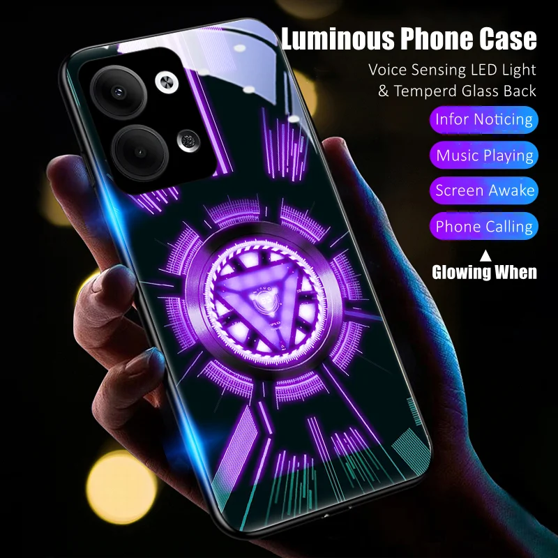 

Fashion Design Colorful LED Light Glow Luminous Tempered Glass Phone Case for OPPO Reno 4 5 6 7 8 9 Find X5 Realme X50 Pro Plus