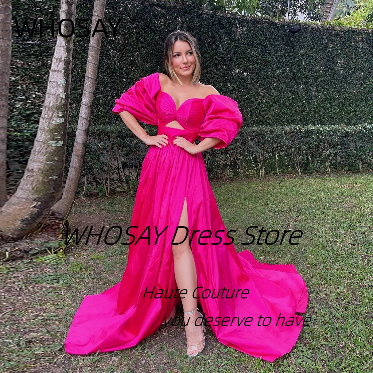 

WHOSAY Fushcia Prom Dresses Ruched Side Slit Long Sweep Evening Gowns Sexy Sweetheart Off Shoulder Vestidos De Noches