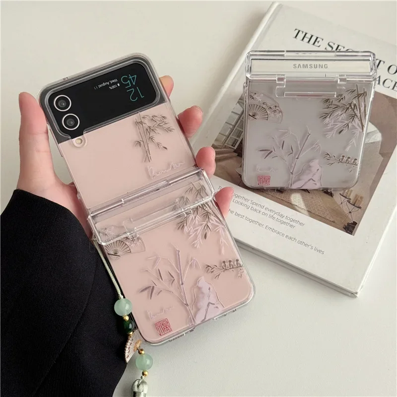 Chinese Style Bamboo Leaves Phone Case for Samsung Galaxy Z Flip6 4 3 Hard Cover for ZFlip3 Zflip4 Zflip5 Solid Shell Bracket