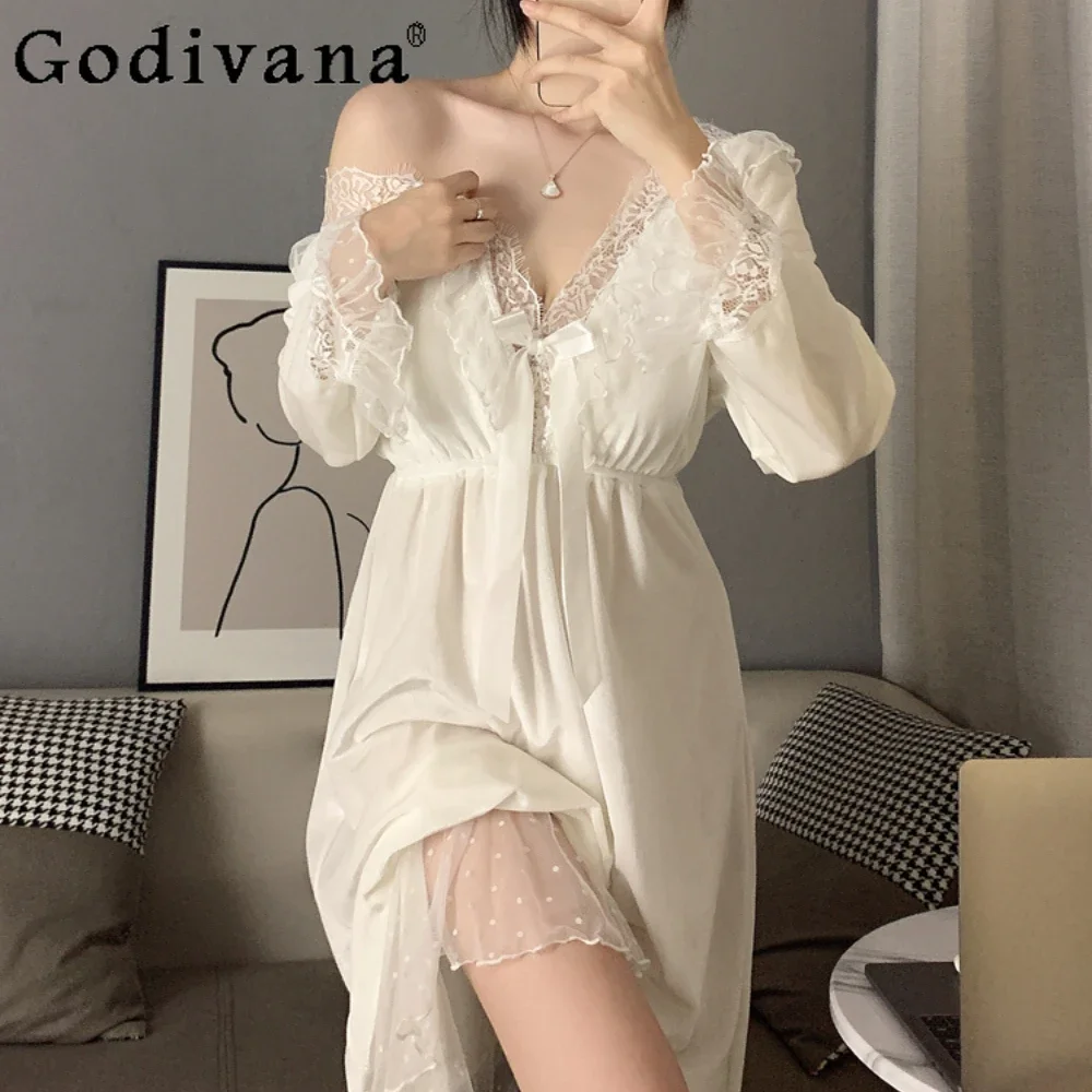 

Sweet Cute Pajamas Autumn Winter Long-sleeved Sexy Nightgown Lace Court Style with Chest Pad Women's Sleepwear