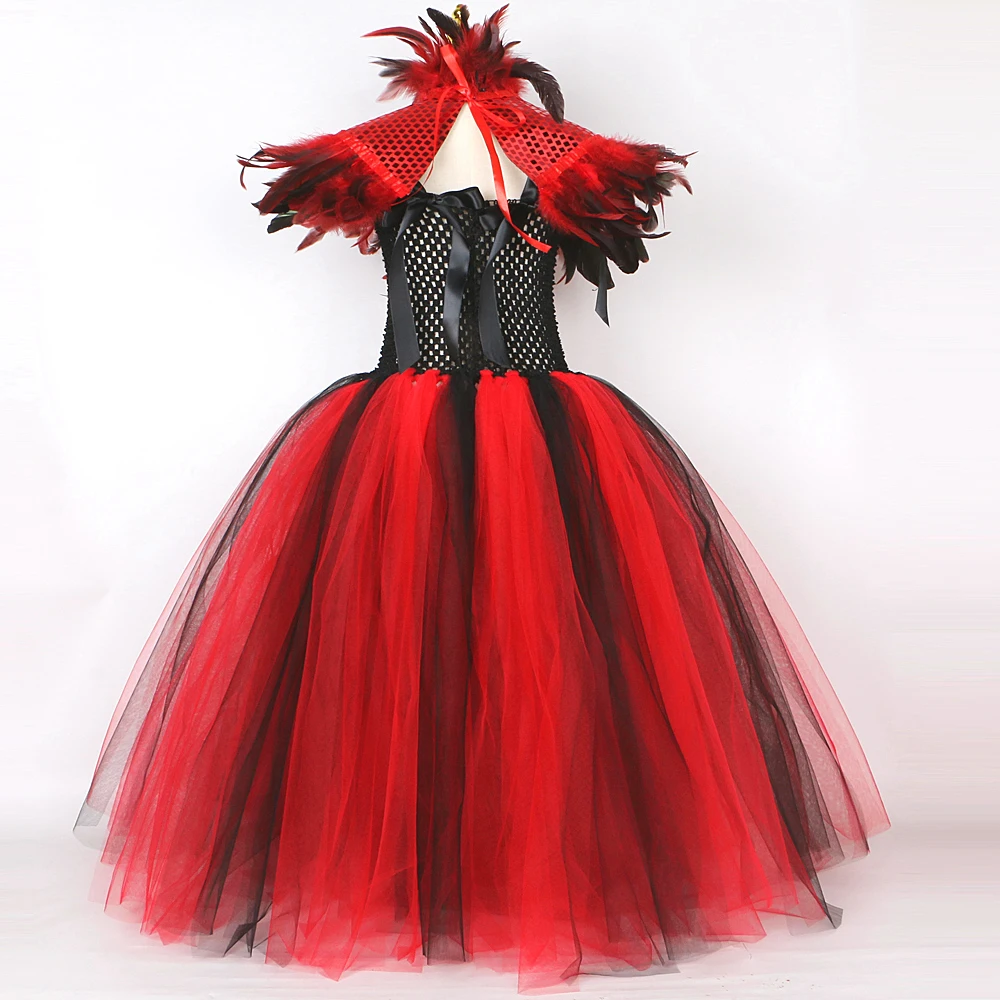 Gothic Devil Witch Halloween Costumes for Girls Demon Queen Long Tutu Dress for Kids Spider Vampire Cosplay Outfit with Feathers