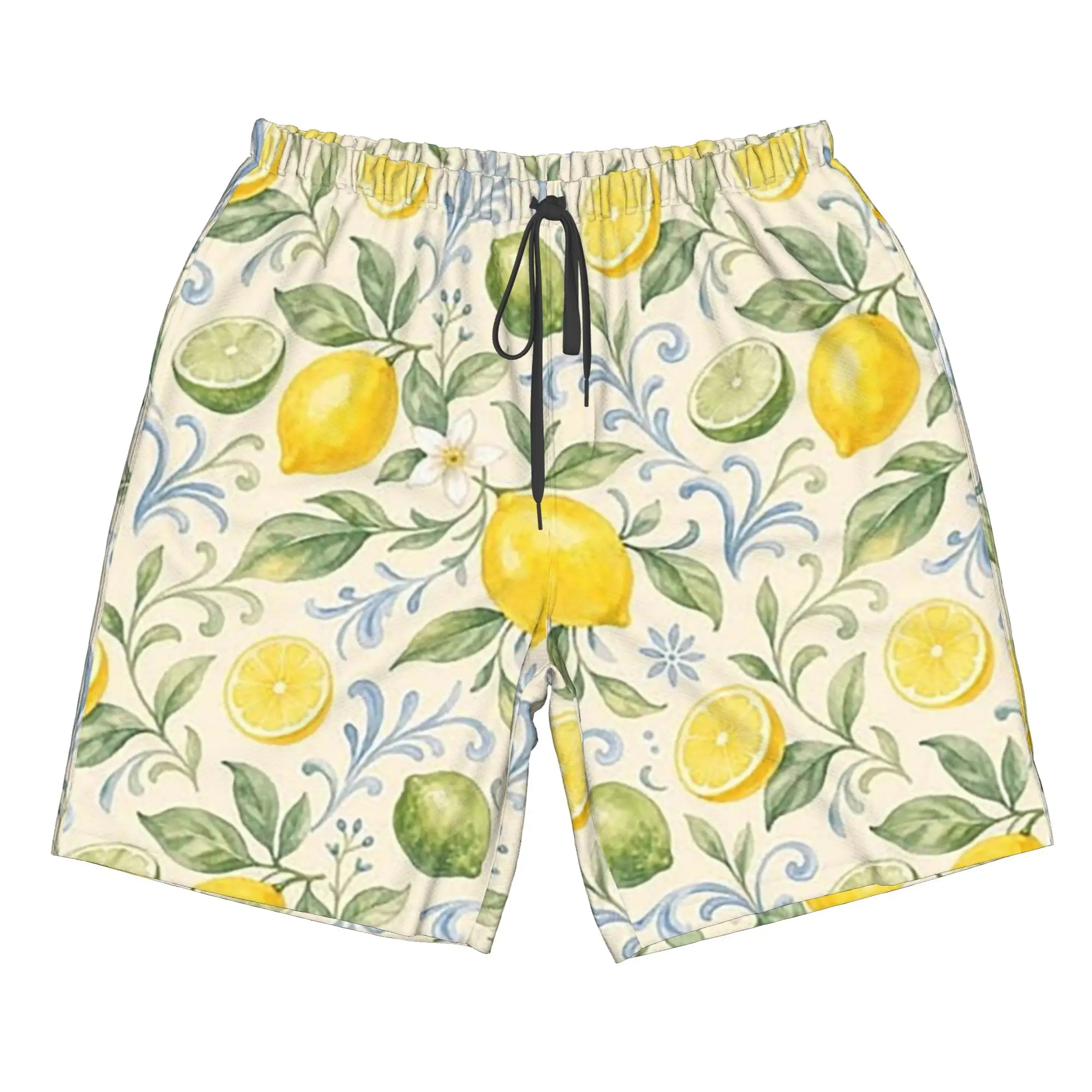 Light Colored Lemon And Leaf Pattern Trunks Beach Board Shorts Casual Quick Dry Swim Summer Men Pants