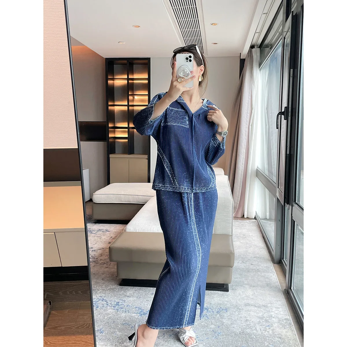 Pleats Pleats Casual Denim Fashion Skirt Suit Women Temperament Elegant Hooded Top Open Half-body Skirt Two-piece Set Clothing