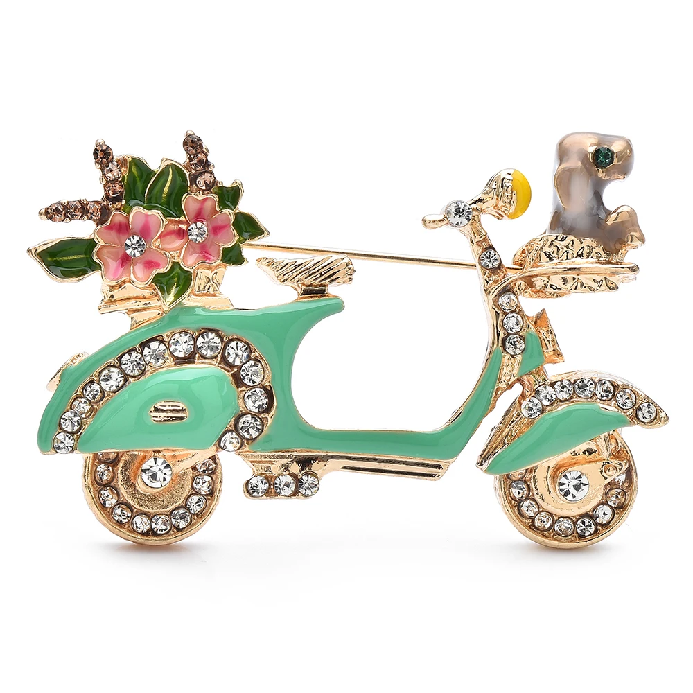 AliExpress Wuli&baby Green Enamel Motor Bike Brooch Pin Flower Bouquet Puppy Sitting Front Cute Badge Jewelry Accessory