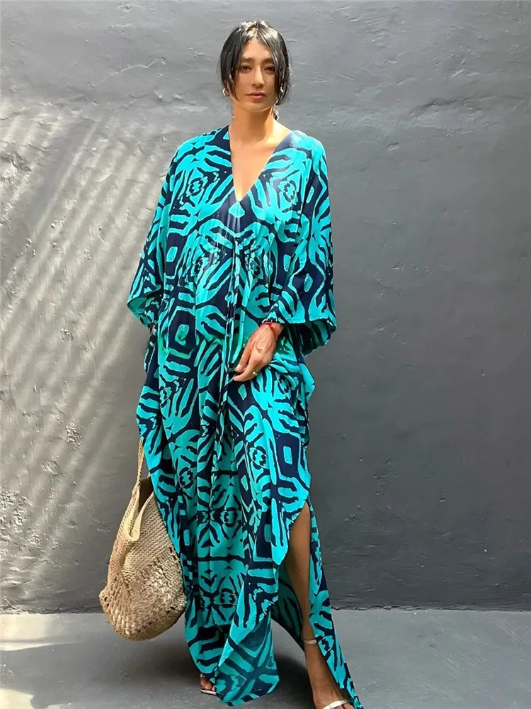 2025 Abito da spiaggia con stampa popolare per donna Abito estivo Abito lungo con maxi kimono diviso Costume da bagno Cover Up Beachwear Outwear