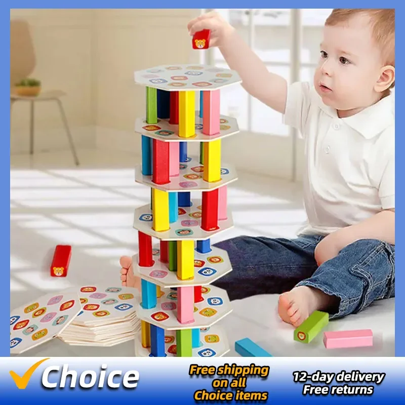 Tower Creative Board Games for Children Baby 54Pcs Wooden Building Blocks Toy Cartoon Animal Colorful Rainbow Domino Stacking