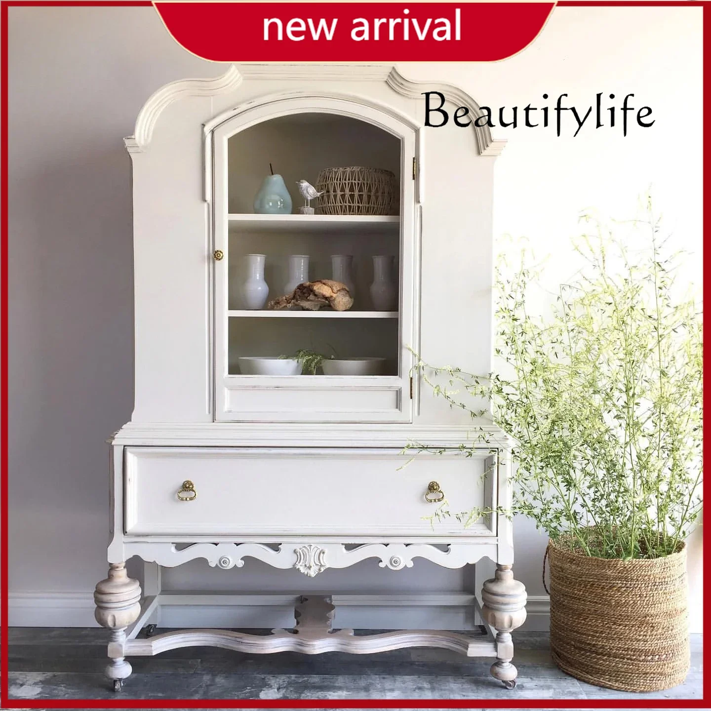 

aQ ZY French Retro Solid Wood Dining Side Cabinet American Living Room Wall Large Storage Cabinet