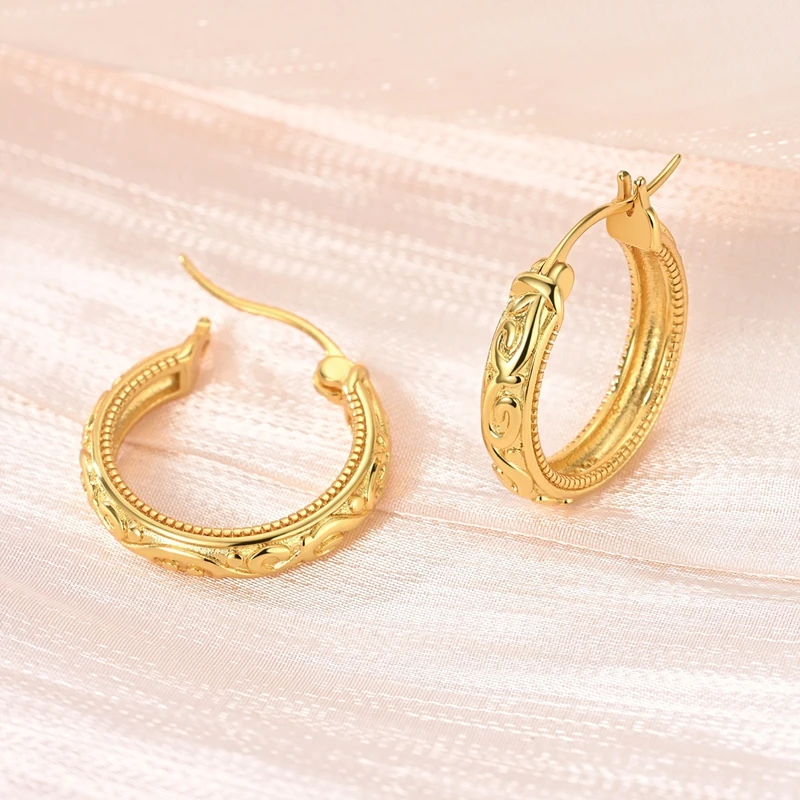 

925 Sterling Silver Earrings Women Sparkling Golden Vintage Scroll Patterned Hoop Earring For Anniversary Wedding Jewelry Gifts