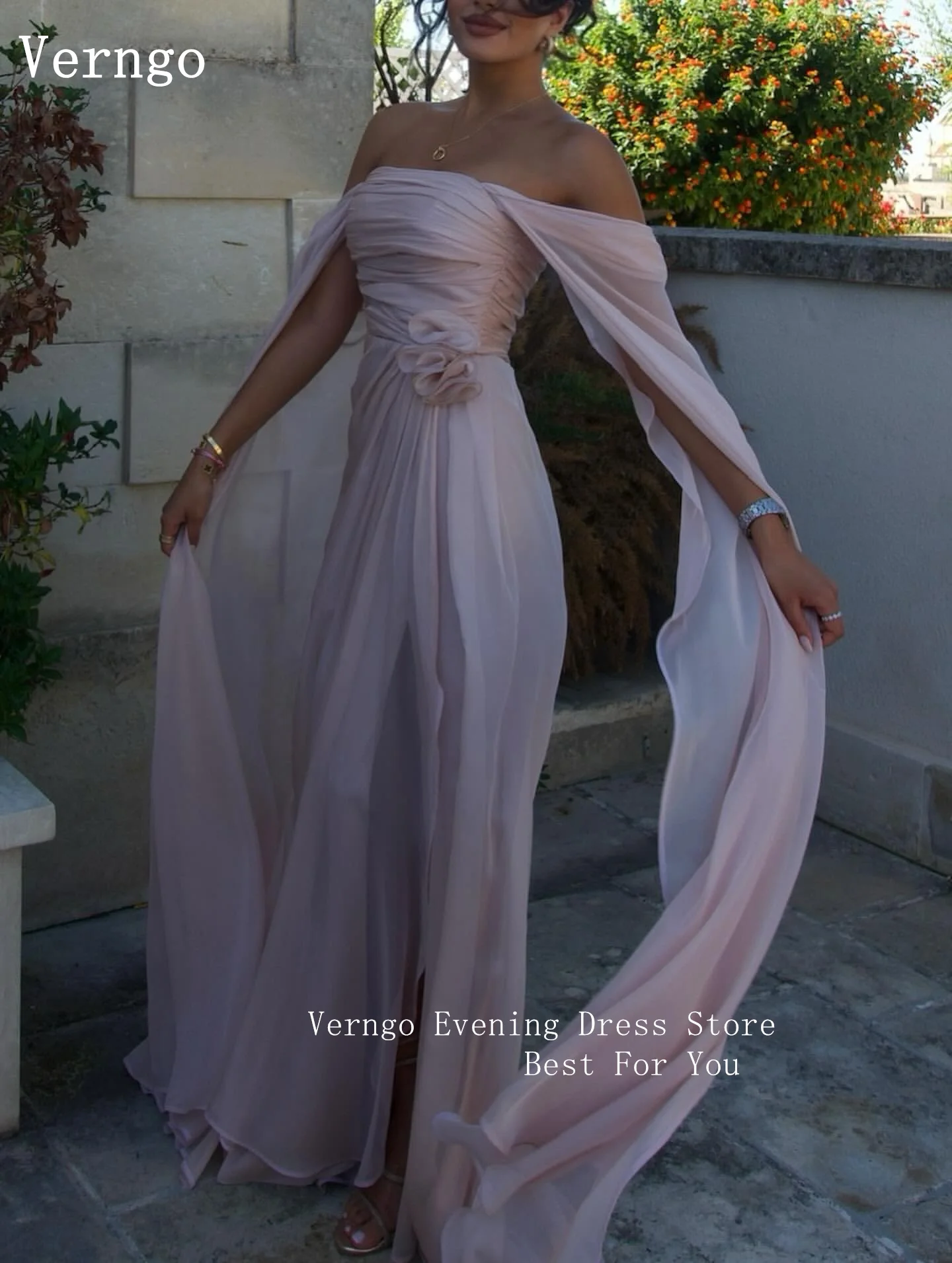 Verngo-vestido de noche de gasa rosa rubor con hombros descubiertos, línea A, vestidos para ocasiones formales, elegante vestido de graduación personalizado