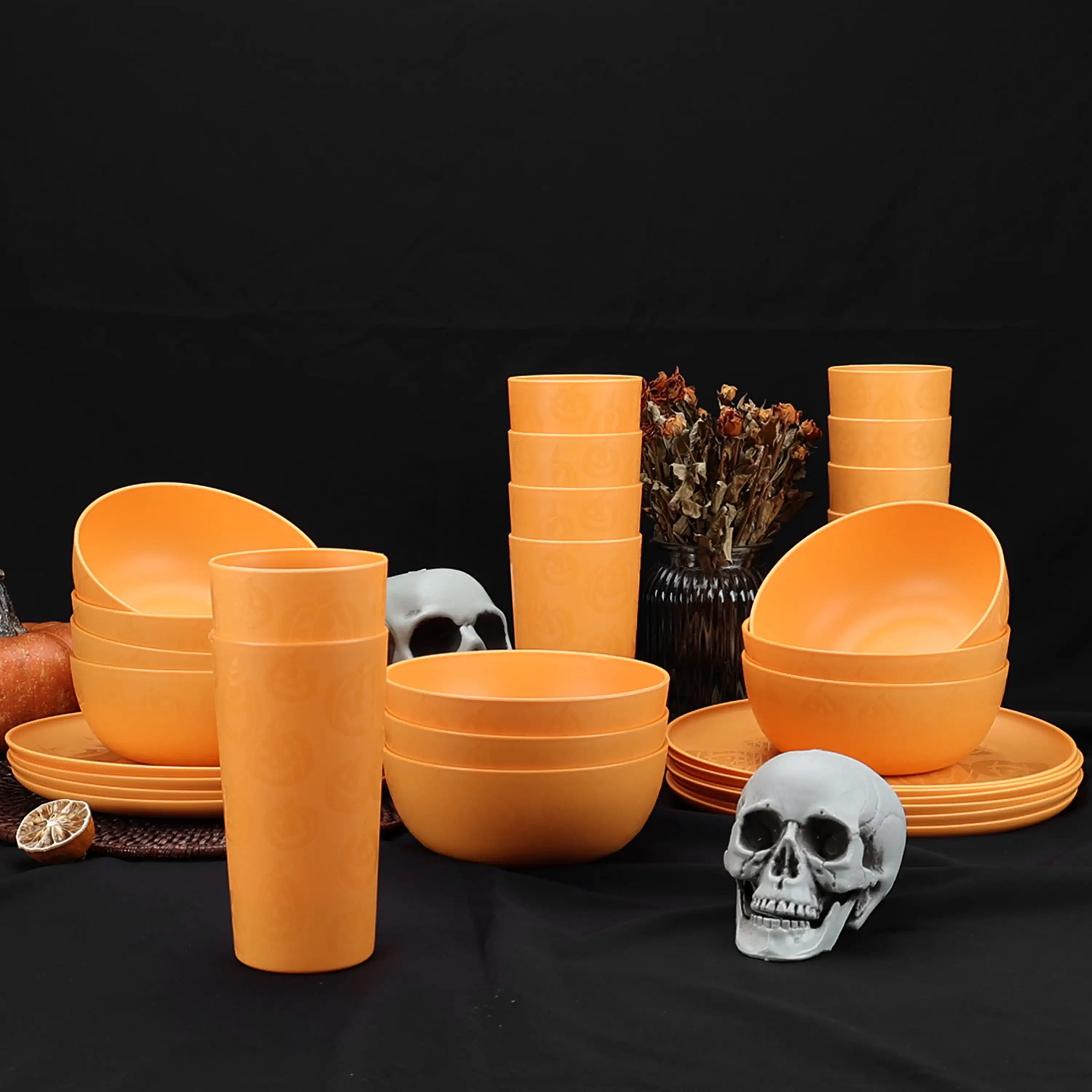 30-Piece Plastic Etched Pumpkin Dinnerware Set, Orange