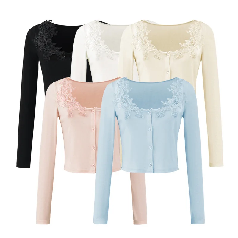 Young Lady's Chic Round Neck Long Sleeve Cardigan Coat New Autumn/Winter Style with Lace Collar Detail Single-Breasted 7IEB