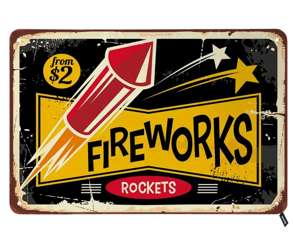 Fireworks Rockets Tin Signs Vintage Metal Tin Sign for Men Women Wall Decor for Bars Restaurants Cafes Pubs 12x8 Inch