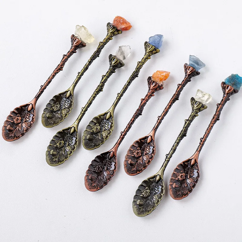 Natural Crystal Raw Gemstone Coffee Spoon Dessert Milk Tea Flatware Vintage Metal Carved Long Handle Mixing Spoons Home Decor
