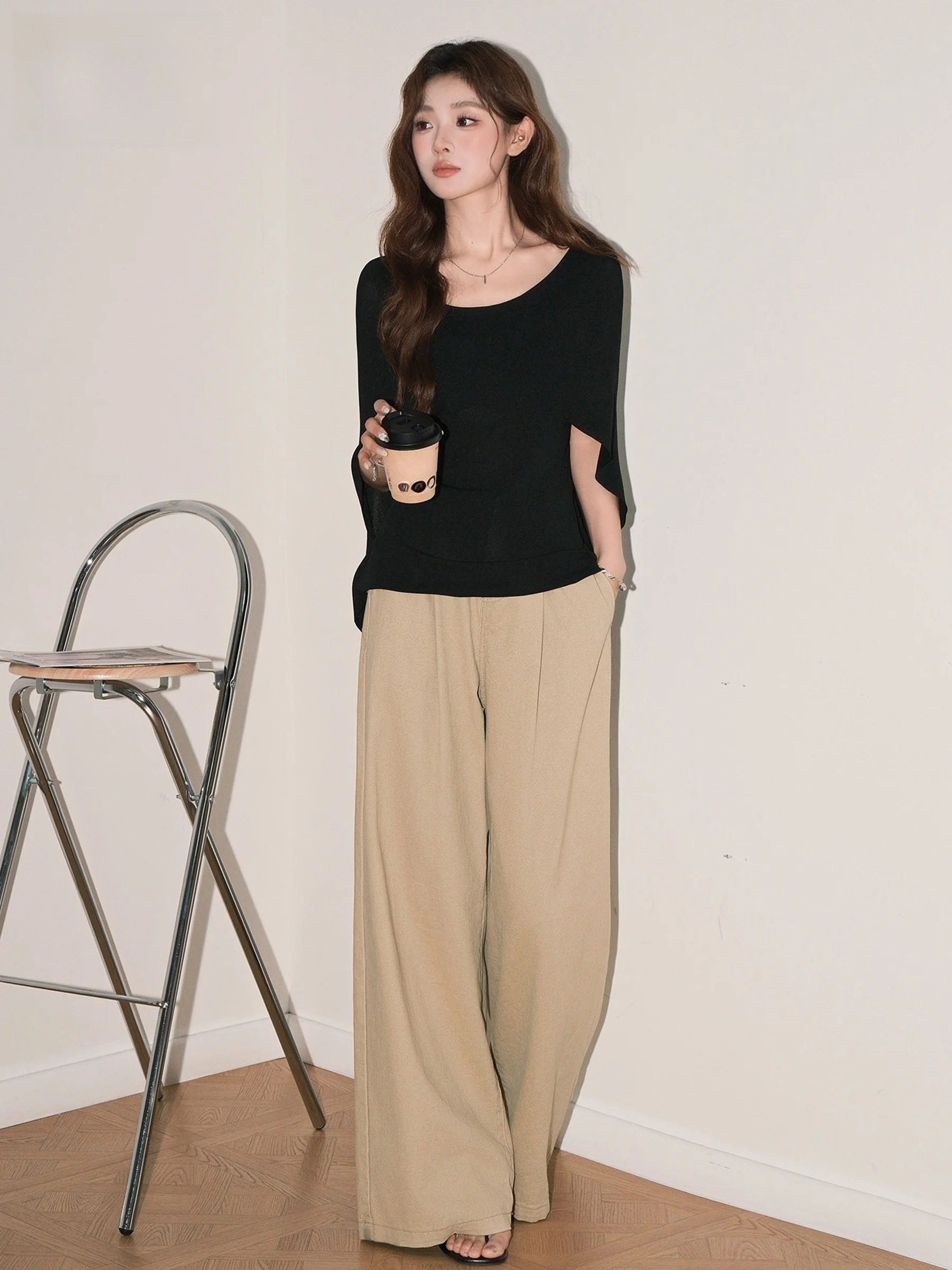 

Khaki American Retro High Waist Denim Jeans Women's Summer New Loose Drapey Straight Leg Floor-Length Pants