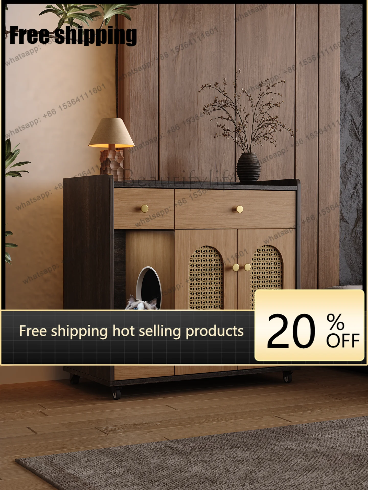 FG cat litter castle solid wood with channel cat litter basin oversized deodorant fully enclosed cat toilet cabinet