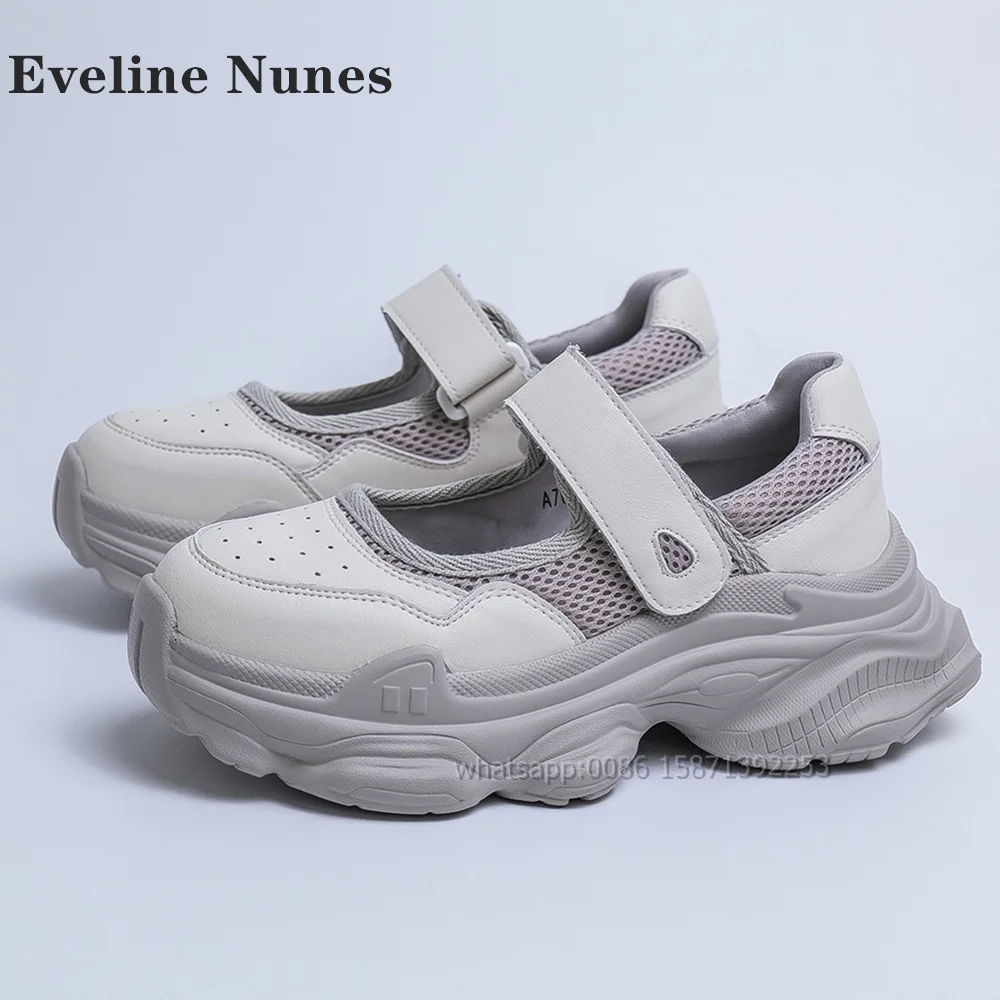 Hook and Loop Mesh Pumps Round Toe Tank Soled Shallow Patchwork Mary Janes Bicolor Casual Chunky Sneakers Lady 2024 Summer Trend