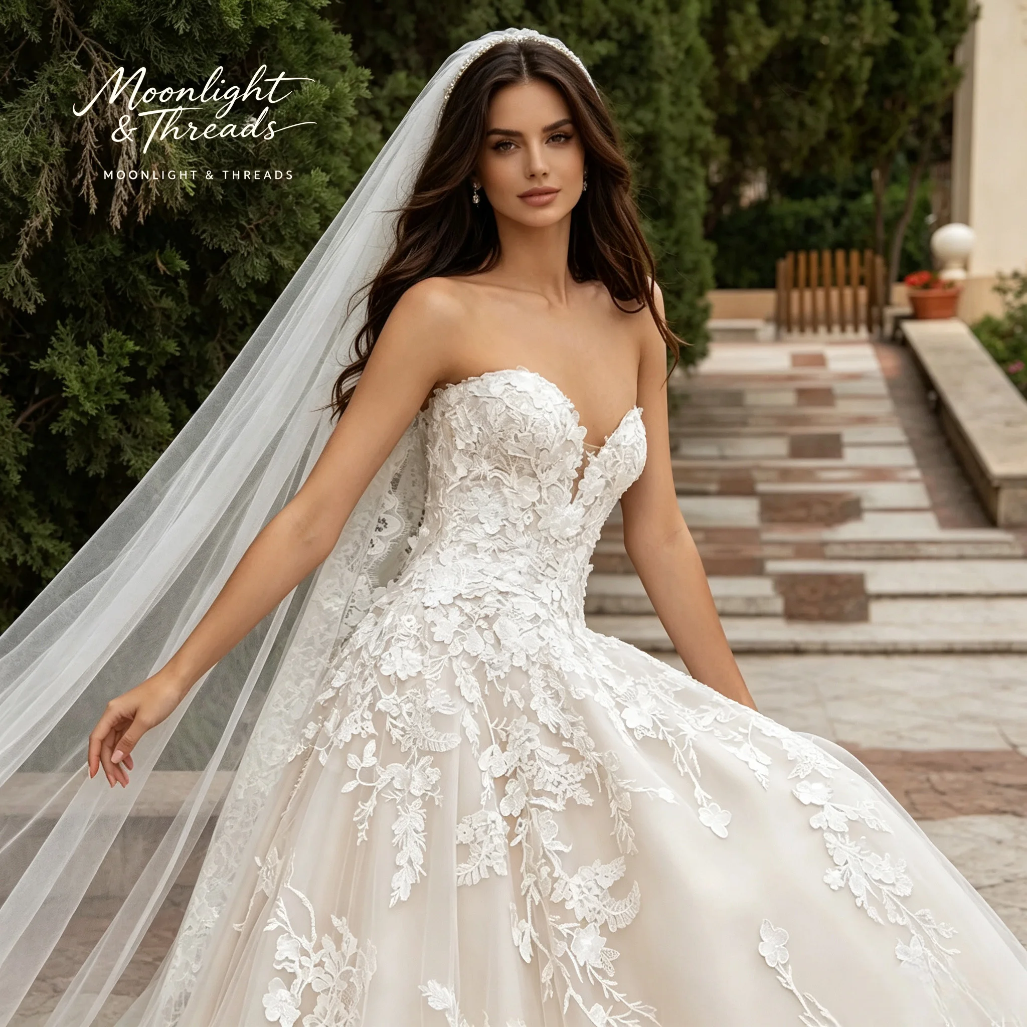 Boho Strapless Sweetheart Neckline Bridal Gown 3D Floral Lace Appliques Corset A Line Wedding Dress With Train