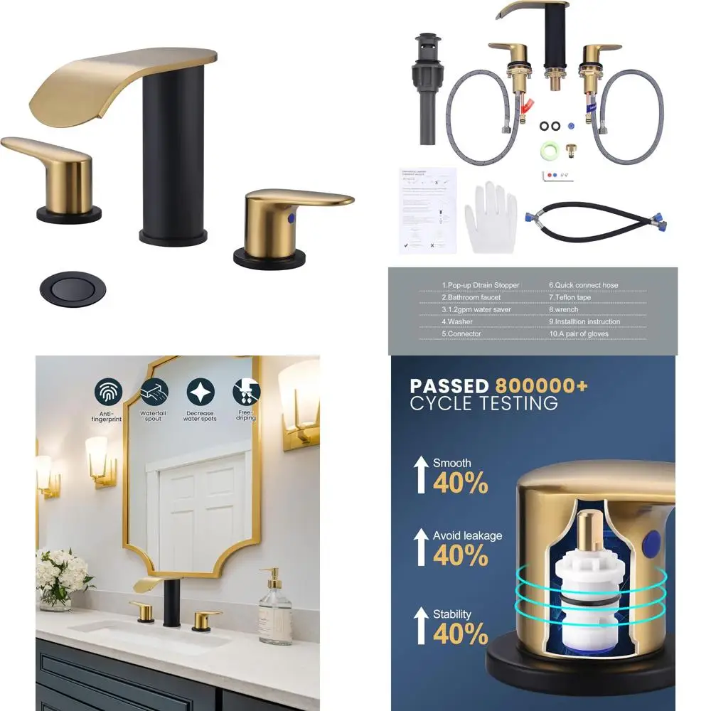 

8 Inch Widespread 3-Hole Bathroom Sink Faucet with Pop-Up Drain and Hoses, Modern Black & Gold Two-Handle Lavatory Mixer Taps