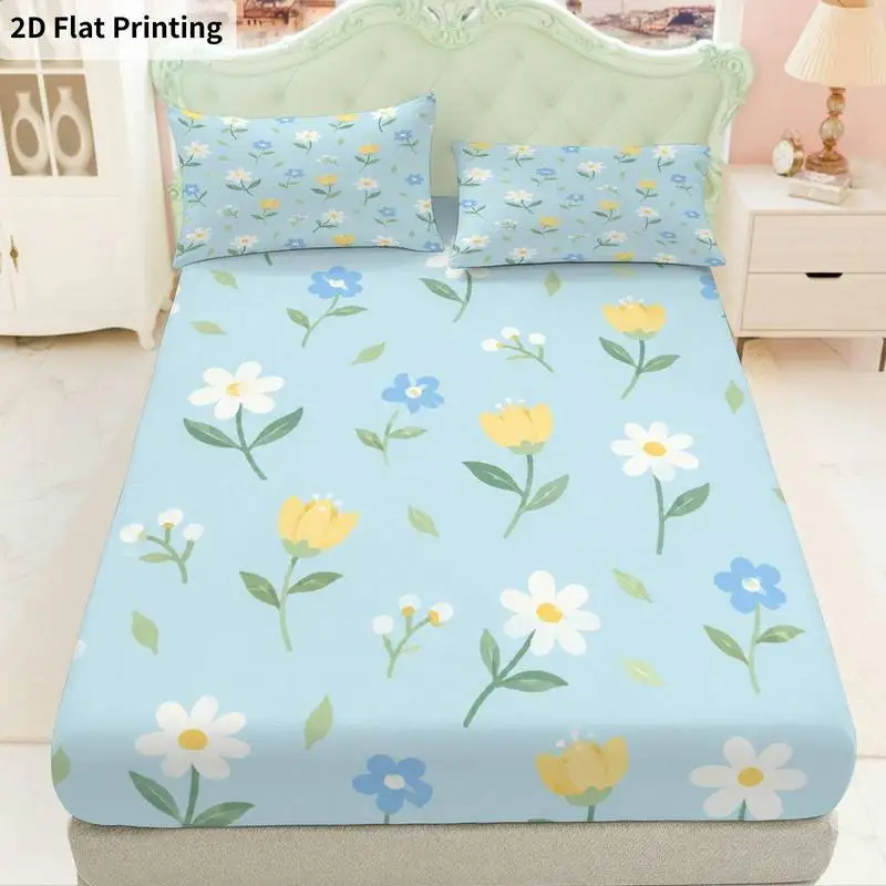 3Pcs Floraldaisyblue Fitted Sheet Three Piece Set (1*Fitted Sheet + 2*Pillowcases, Coreless), Bedding Set
