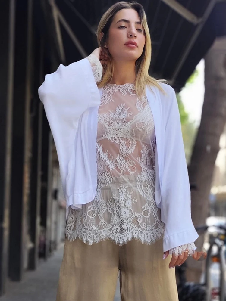Women's Lace Sheer Long Sleeve Blouse - Loose O-Neck Pullover Top
