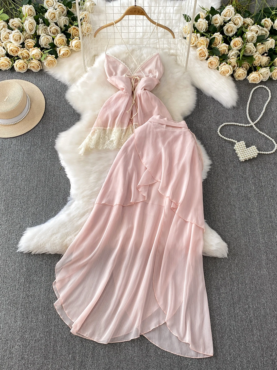 

Sexy Pure Desire V-ne Bal Strap Hanging Ne ter Top Lace Long Skirt Set Irregular Hemline High Waist Drapey